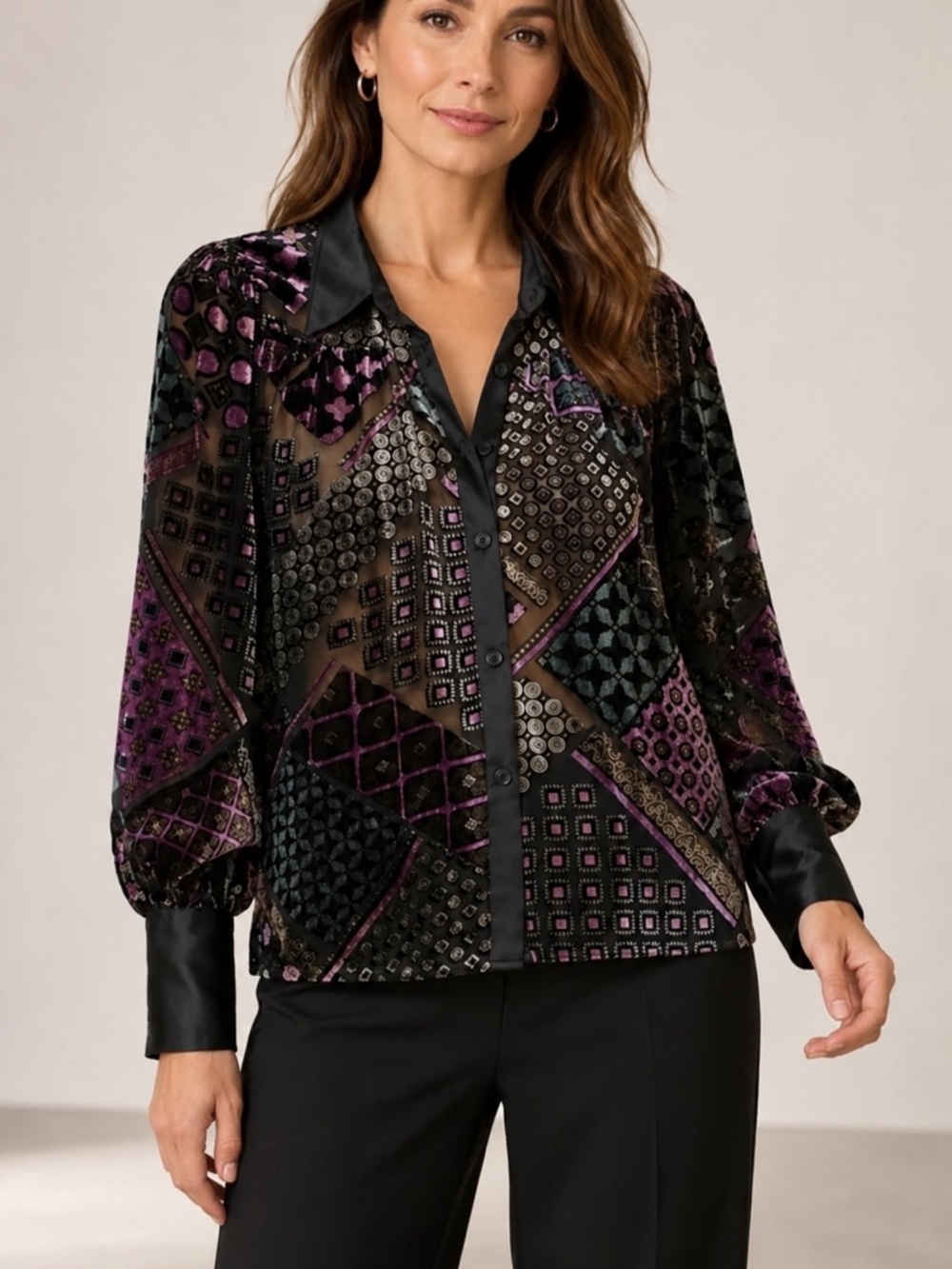 FATE Velvet Burnout Geometric Satin Trim Blouse